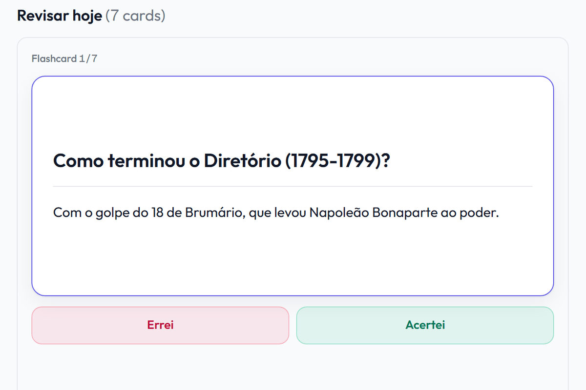Tela do Ficou Fera com um flashcard de revisão, a resposta revelada e os botões da repetição espaçada