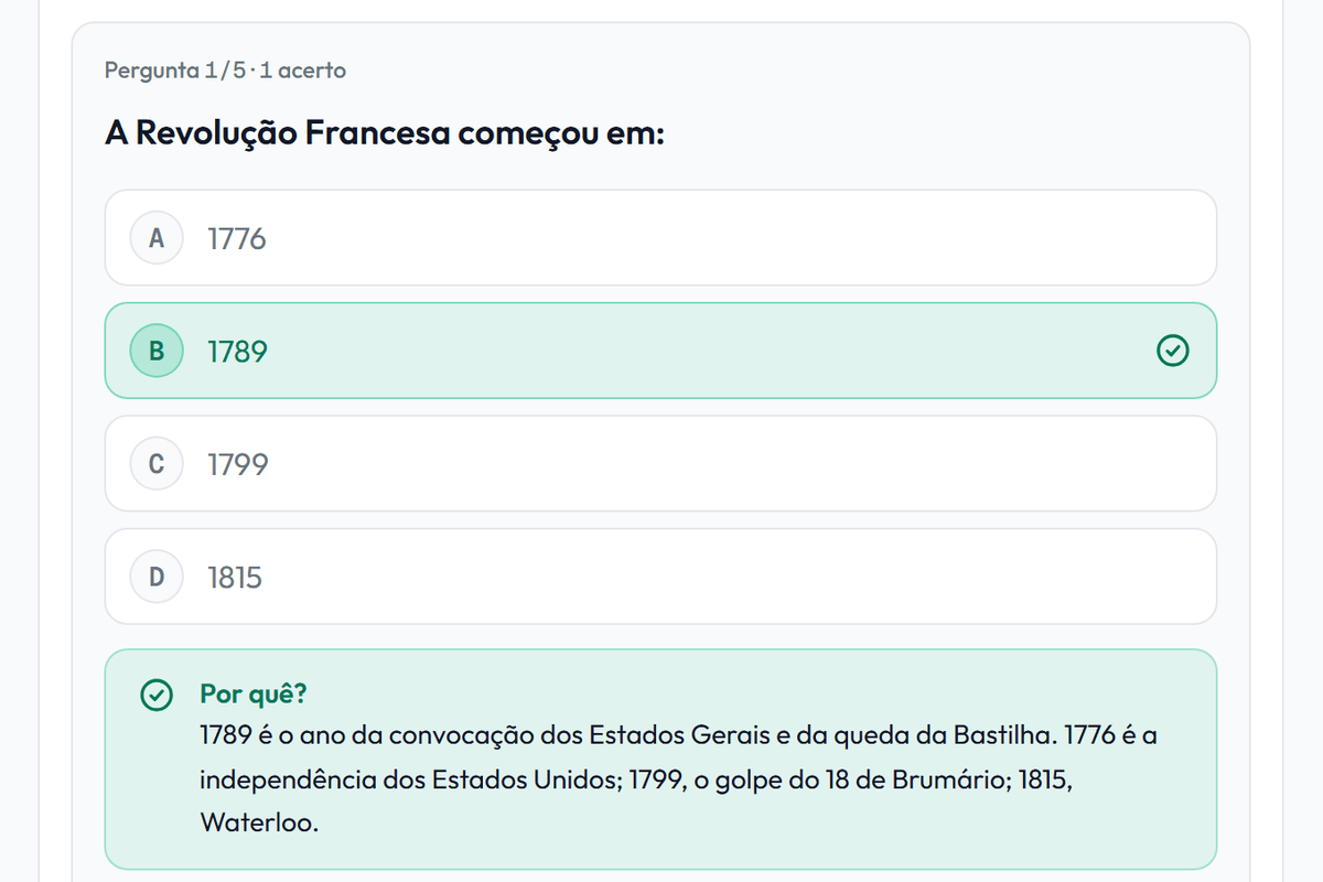 Tela do Ficou Fera com um quiz de múltipla escolha gerado do próprio material, mostrando o gabarito e a explicação de cada resposta