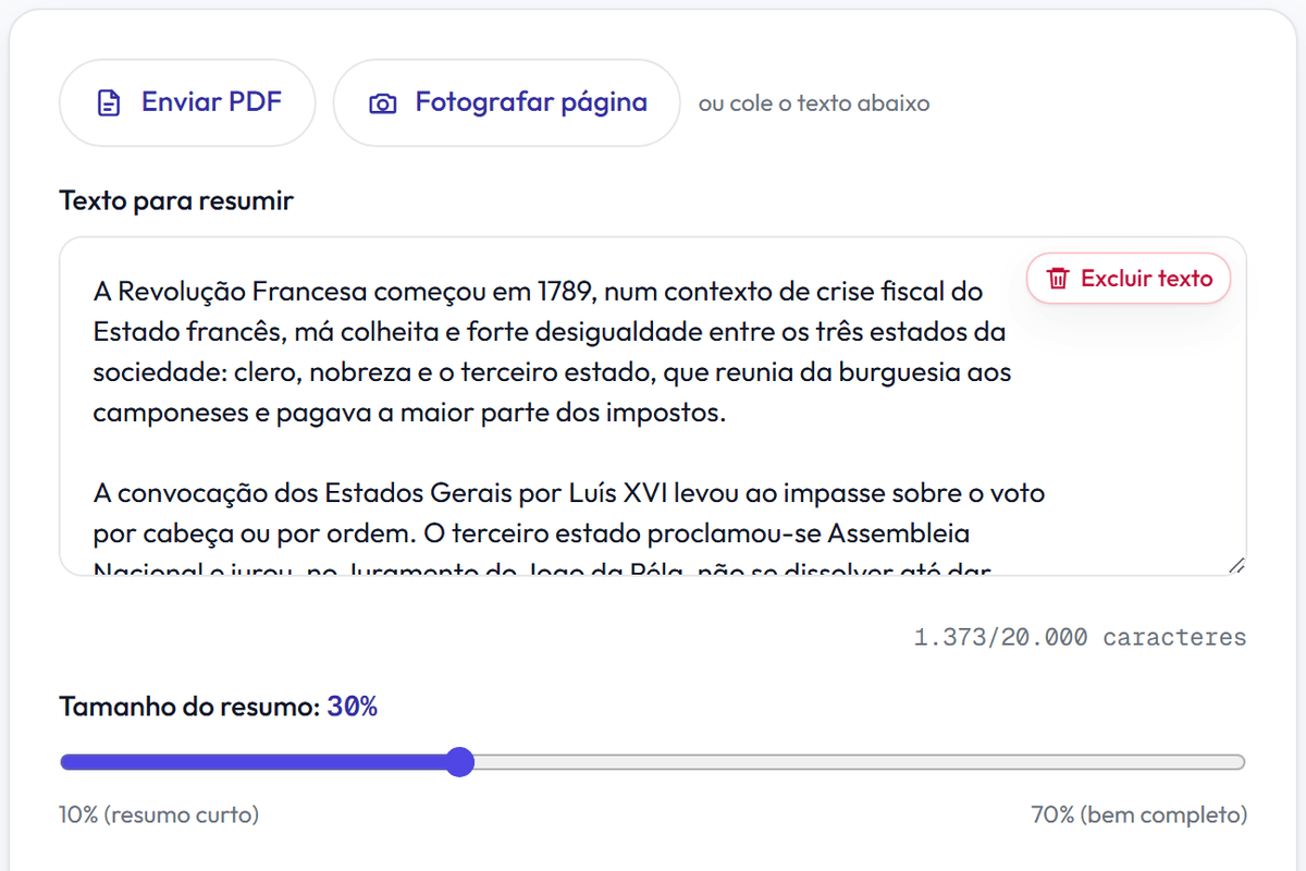 Tela do Ficou Fera com o texto de uma apostila colado para resumir e o controle de tamanho do resumo, de 10% a 70% do original